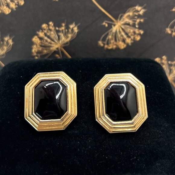 Christian Dior Jet Glass Octagon Cabochon CLIP Earrings - Picture 3 of 6